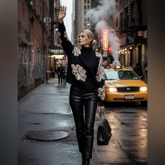 Black Floral Turtleneck Sweater | Alice + Olivia - Picture 1 of 5